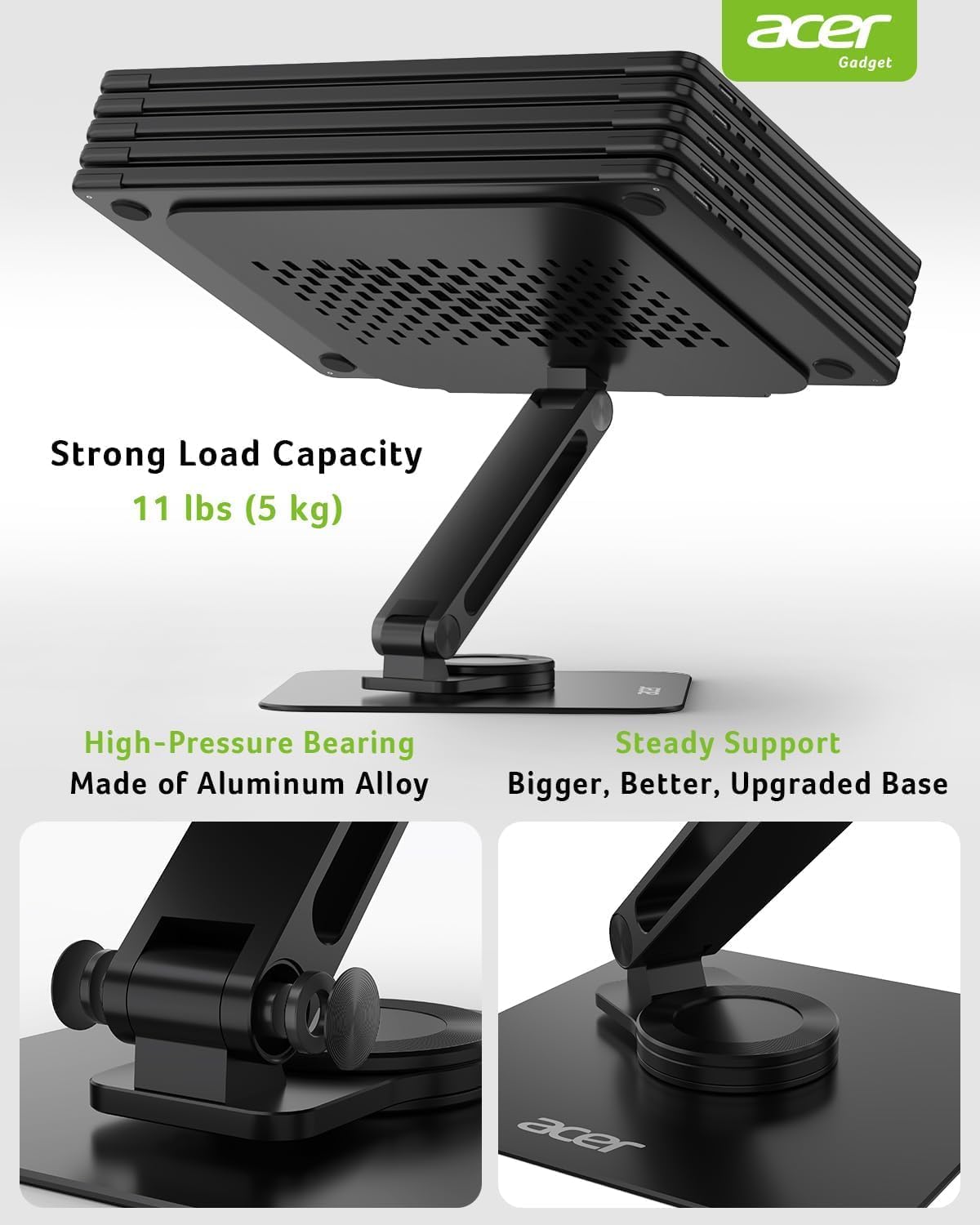 acer Laptop Stand for Desk - with 360 Swivel Base, Rotating Laptop Riser for Desk, Adjustable Computer Stand for Laptops, Ergonomic Riser Holder Foldable, Portable MacBook Pro Air (10-16") - Black