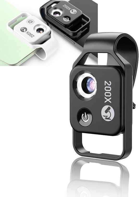 200X Phone Mini Pocket Microscope, Zoom Mobile Phone External Lens, Portable Digital Microscope Camera Attachments, with CPL Lens LED Light, Universal Clip Design (Black)