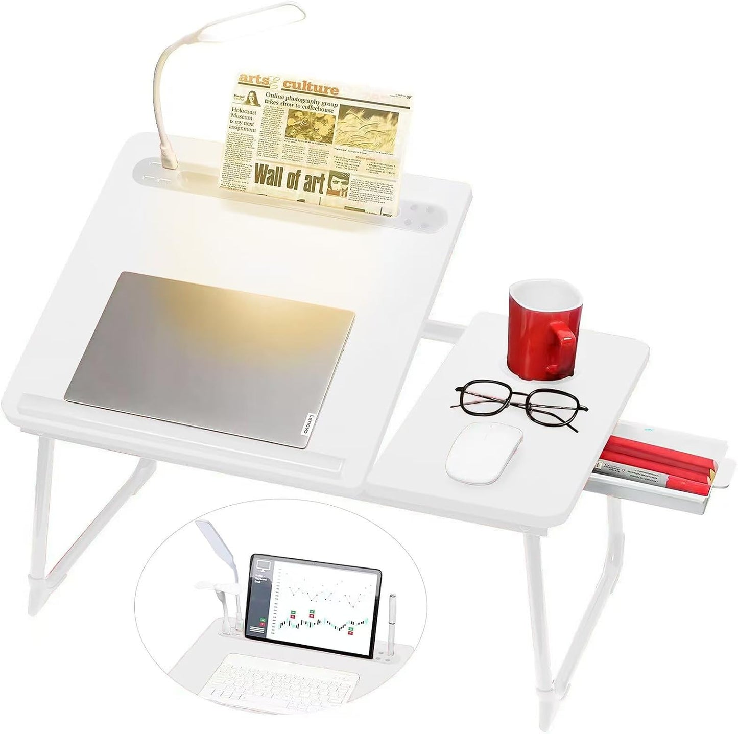 CloudTrip Plus XL Adjustable Laptop Desk with Light, USB Port, iPad Holder, Drawer Storage - Larger 23.6IN Adjustable Lap Desk for Bed, Home Office, Breakfast Tray, Fordable Legs Desk (White)