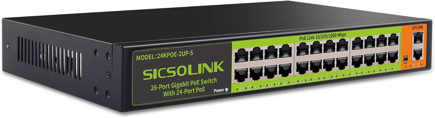 24 Port Full Gigabit PoE+ Switch, 2 Gigabit Network Uplink, 400W, Unmanaged, Fanless Silent Operation, 802.3af/at, 19''Rackmount, Qos, Suitable for POE Camera, AP, PC