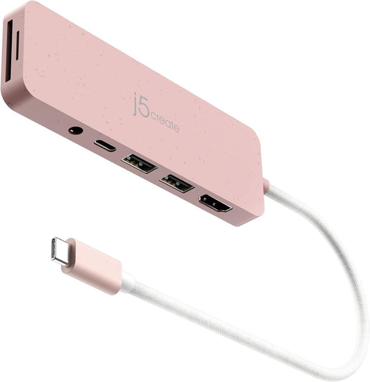 j5create USB-C Pink Multi-Port Hub with Power Delivery with 4K HDMI/2 USB-A 5Gbps/PD 100W Charging SD&Micro SD/3.5mm Audio | for MacBook/iPad Pro/iMac/Surface/XPS/Thinkpad/Galaxy/and More(JCD373ER)