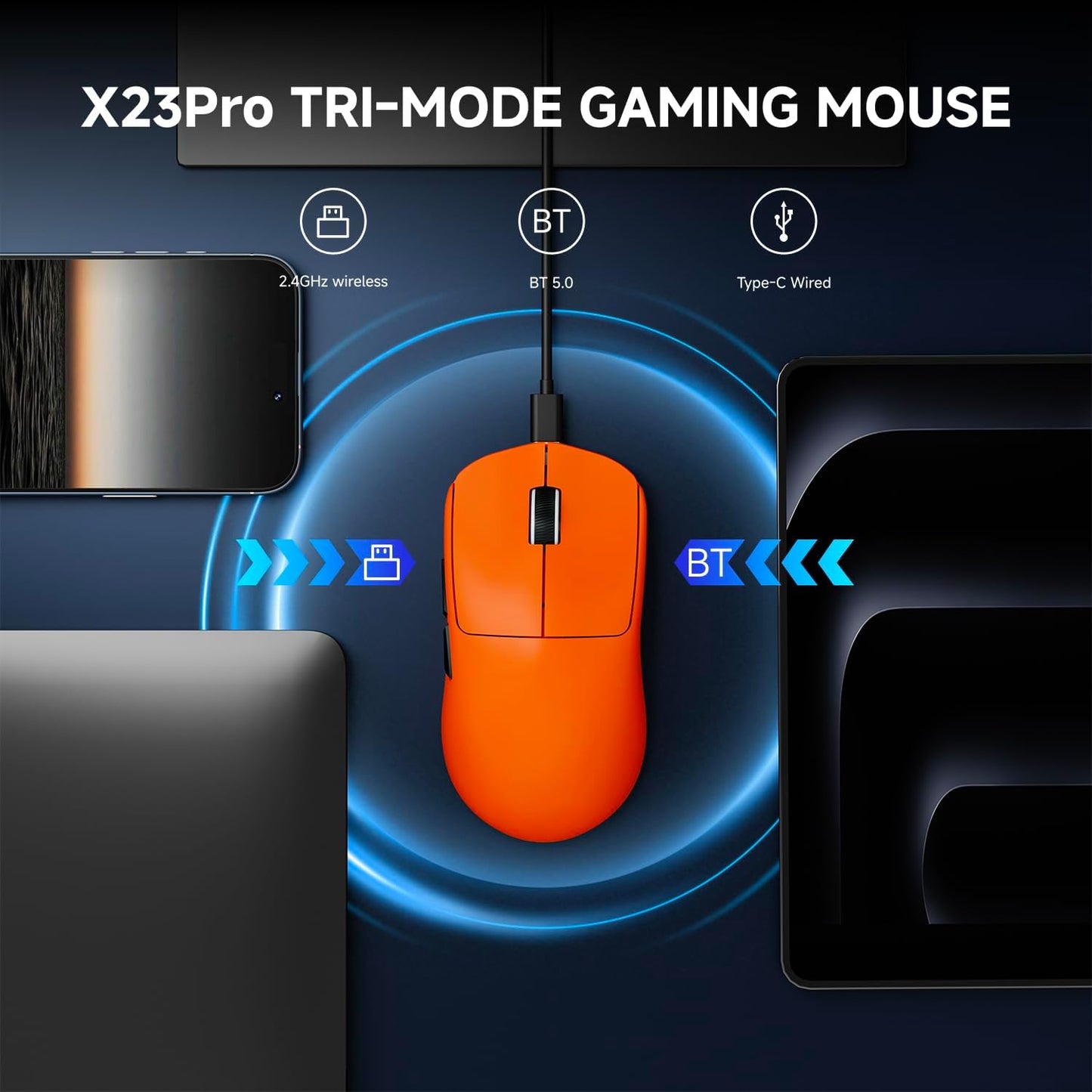 EWEADN X23Pro Wireless Gaming Mouse, 49g Lightweight Mouse, PAW3311 Sensor, 12000 DPI, 2.4G/BT5.0/USB-C Rechargeable Wireless Mouses with 6 Programmable Button, Grip tape, for Laptop/PC/Mac, Orange