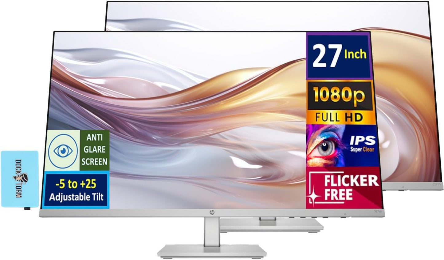 HP Series 5 527sh Monitor (Replaces M27h) 27" 100Hz IPS FHD (1920x1080) 99% sRGB Display, Adjustable Height & Tilt, Flicker Free, Anti-Glare, Black/Silver w/DKZ USB Port Expander (2 Pack)