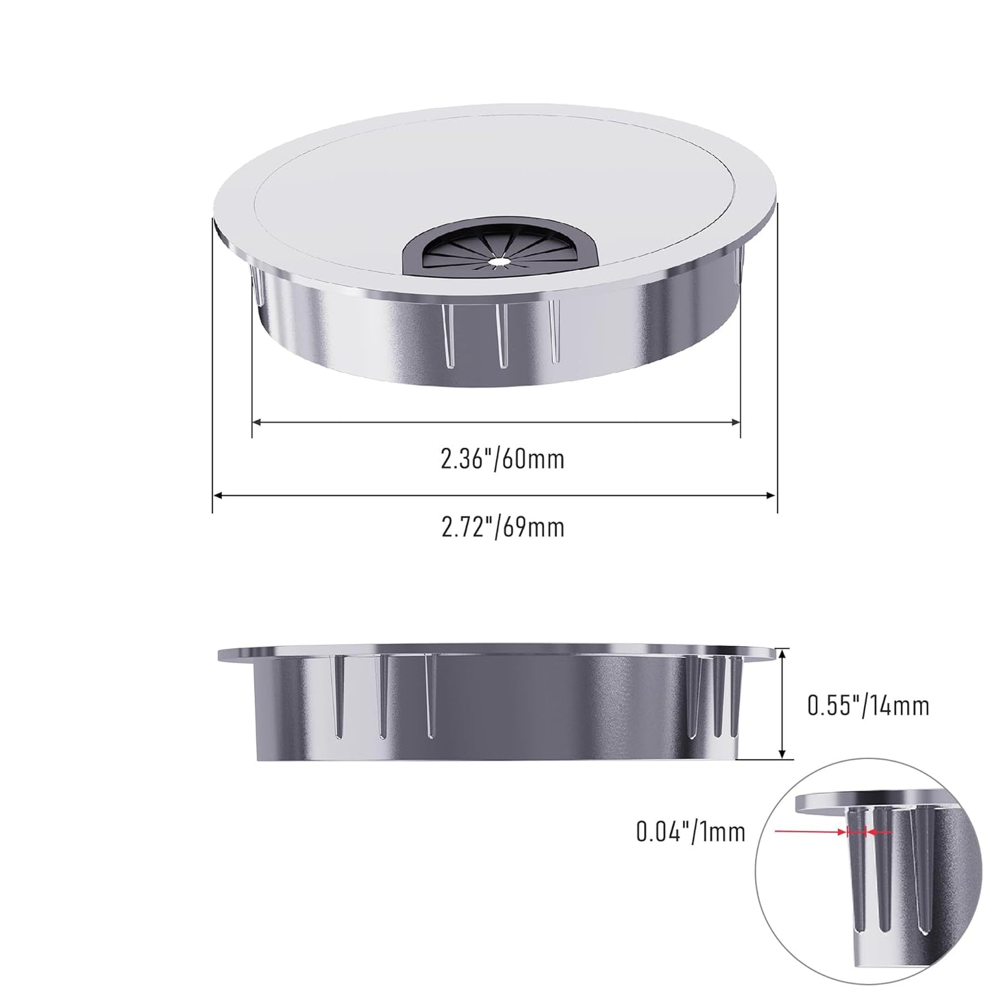 2 Pack Desk Grommet 2-3/8 Inch 60mm, Zinc Alloy Computer Desk Wire Hole Cover, Office Desktop Cord Cable Hole Metal Ring, Silver Tone