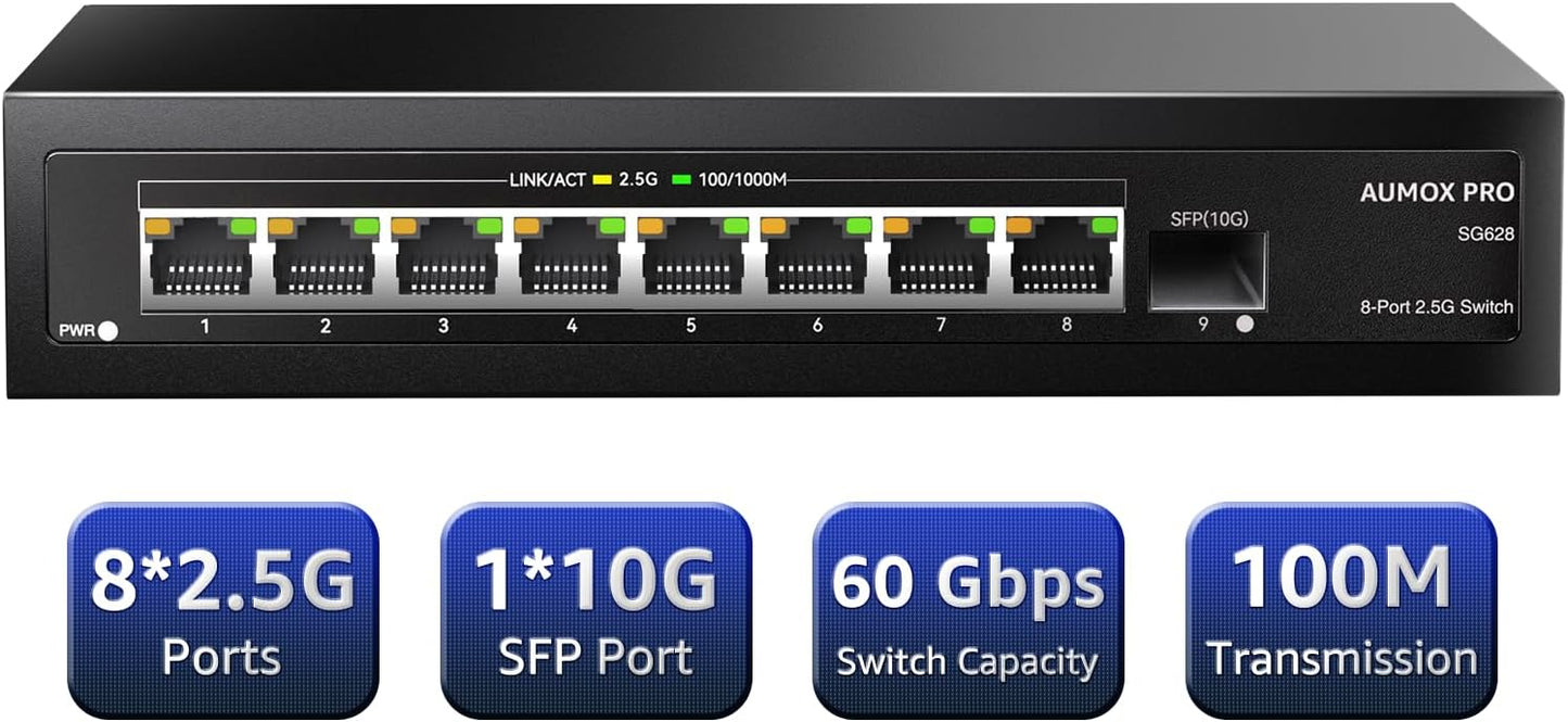 9 Port 2.5Gb Unmanaged Ethernet Switch with 8* 2.5G Base-T Ports, 1*10G SFP Ports, AUMOX PRO 60Gbps Switching Capacity Compatible with 100/1000/2500Mbps Plug and Play