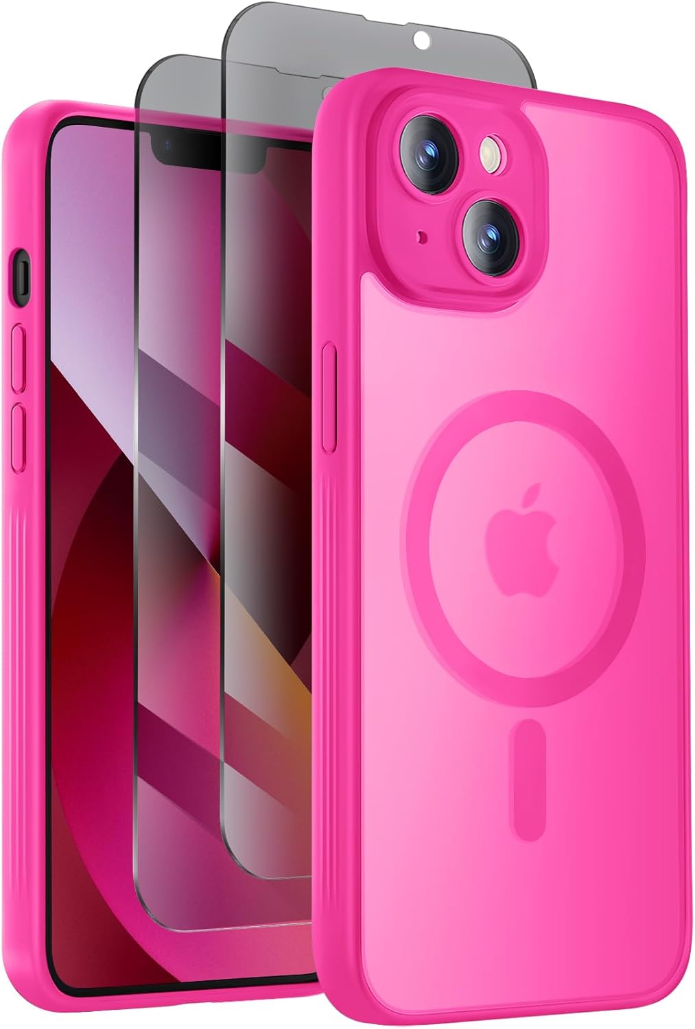 Designed for iPhone 13 Case, Compatible with MagSafe, with Privacy Screen Protectors X2, [Camera Protection] [15FT Military Drop Protection] Shockproof Phone Case, 6.1", Hot Pink