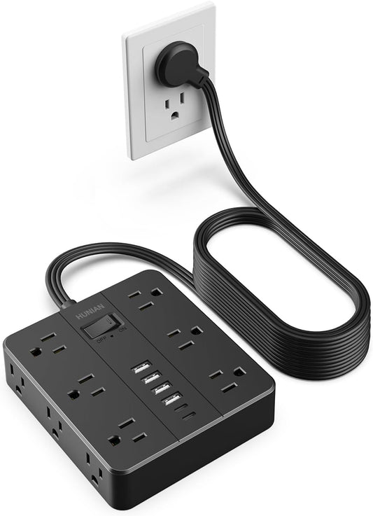 Extension Cord 25 Ft, HUNIAN Flat Plug Power Strip Surge Protector, 12 Widely Spaced Outlets with 6 USB Charger (2 USB C Ports), Desk Charging Station for Home Office Supplies, Dorm Room, Black