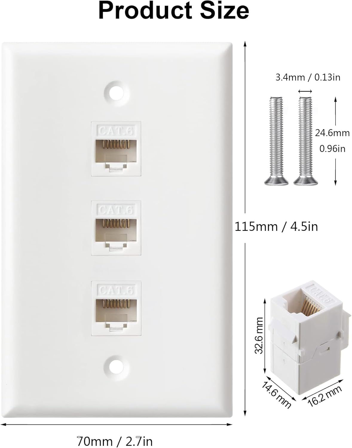 Ethernet Wall Plate, 3 Port Cat6 RJ45 Keystone Inline Coupler Wall Plate for Cat7/6/5/5e Ethernet Devices - White
