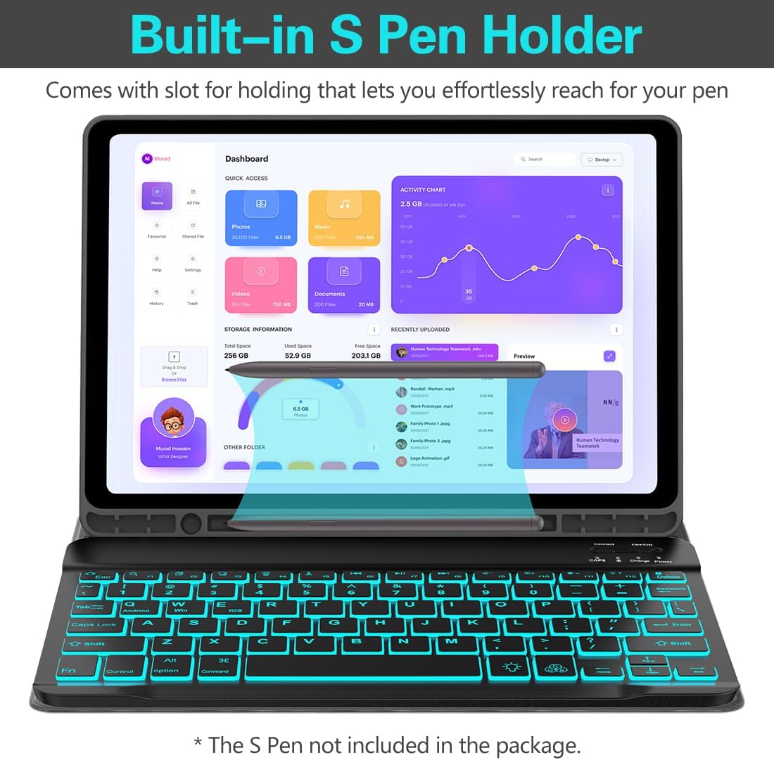 Galaxy Tab A9 Plus Case with Keyboard 5G 11 Inch 2023 (SM-X210/X216/X218), 7 Color Backlit Detachable Tablet Keyboard Cover with S Pen Holder for Samsung Galaxy Tab A9+ 11" (Black)