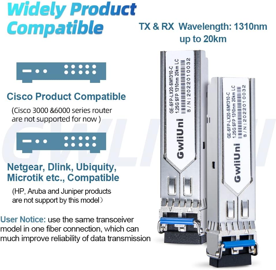10Pcs 1.25G Single Mode SFP Fiber Module Network Transceiver, LX SM 1310nm 20km, Duplex LC Interface for Switch, Router, Firewall, Network Card, Media Converter etc