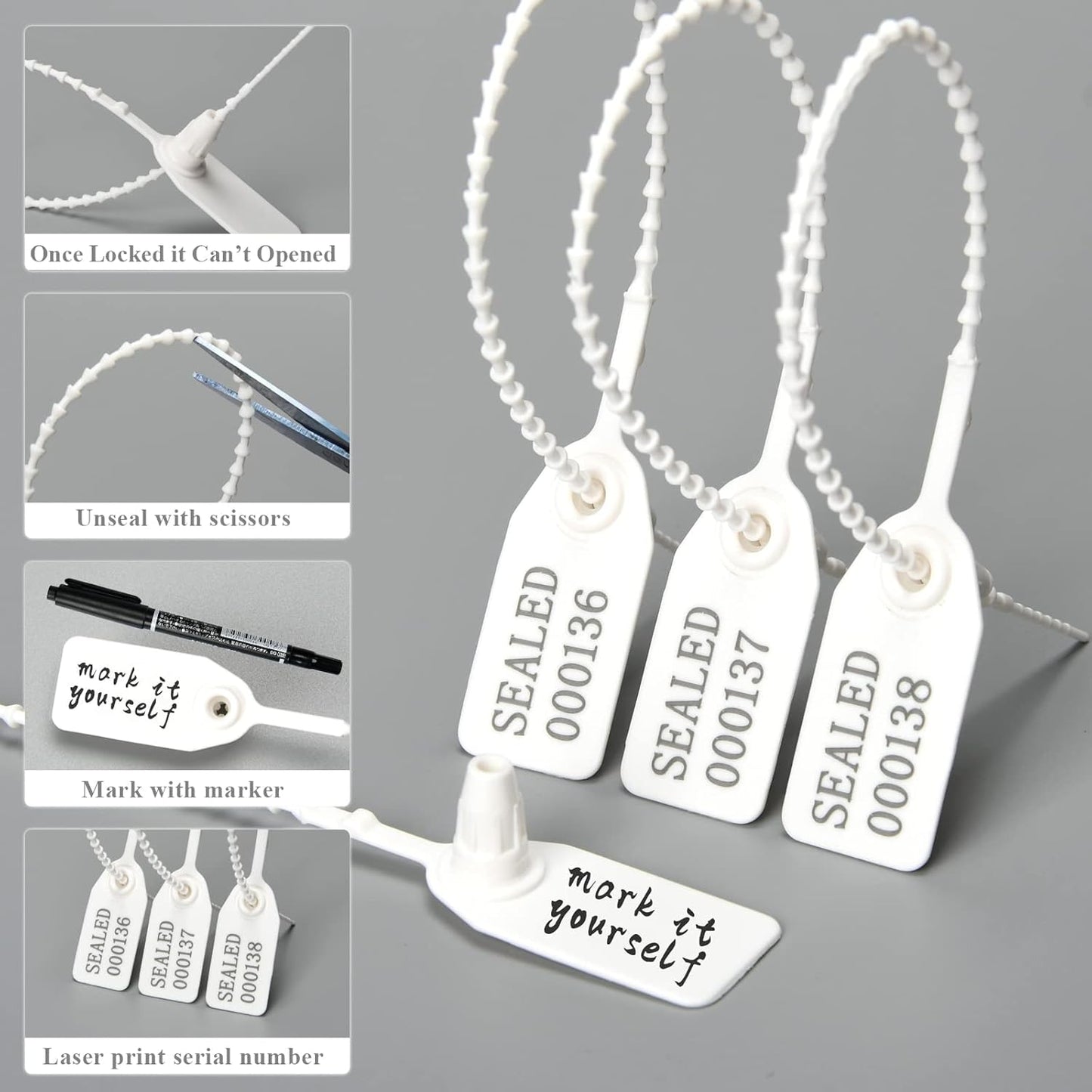 1000 Numbered Plastic Tamper Seals, Zip Ties for Fire Extinguishers Pull Tite Security Tags Disposable Self-Locking Signage - Label Tie 250mm Length (1000 PCS, White)