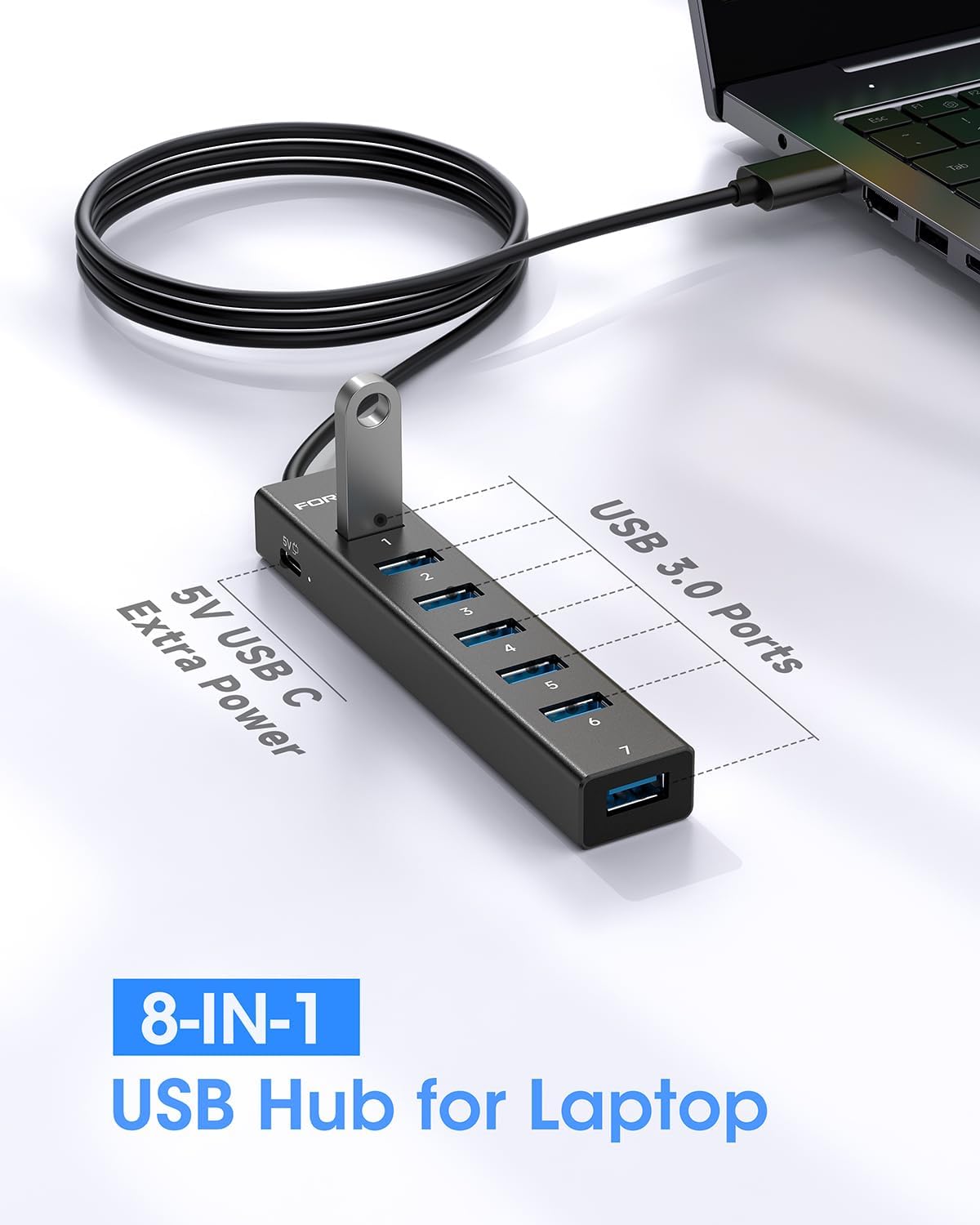 FORIDA Aluminum Alloy 8 Port USB Hub Long Cable USB Splitter with 7-USB3.0 Data Ports and TypeC 5V/3A Power Port Compatible with MacBook, Laptop,Surface Pro, PS5, PC and More (Black, USB A-47in)