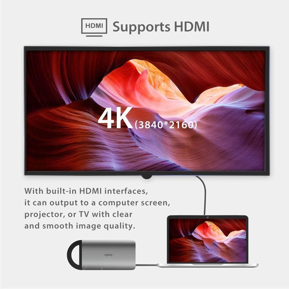 Opro9 8-in-1 USB-C Hub with 3 USB 3.0 Ports, Dual Monitor Laptop Docking Station, 4K HDMI, USB-C Power Delivery, SD/TF Card Reader & Ethernet, Portable for MacBook Pro and Other Type-C Laptops (Gray)