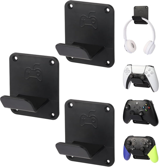 Controller Holders Wall Mount 3 Pack Wall Stands With Non-Slip Pads, Premium Headphone Mount for Controllers and Headsets, Black, YCKJ-WM-01