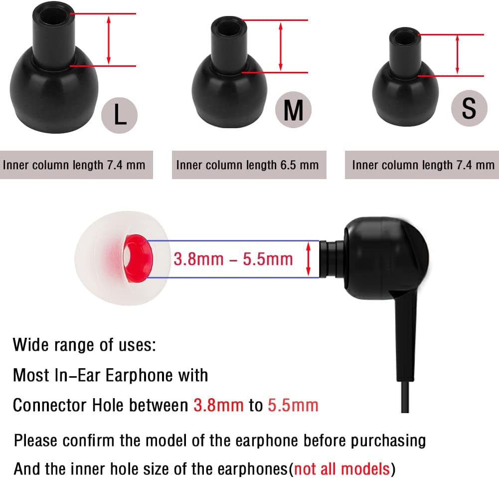 18 Pairs Silicone Earbud Tips Replacement Ear Tips for in- Ear Headphones Eartips (Inner Hole from 3.8mm-5.5mm Earphones) Earbud Replacement Tips Earbud Cap S M L