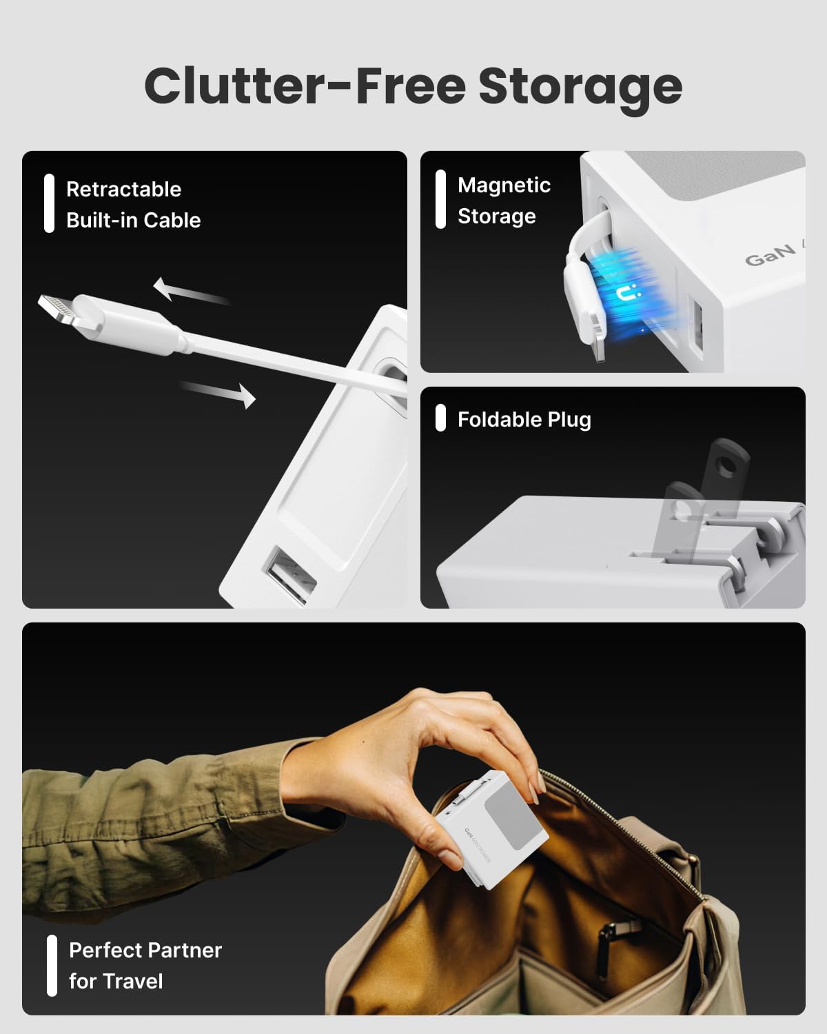 Gitryin 1 Lightning Retractable Wall Charger and 12-in-1 Desktop Charging Station with 4 Type-C Retractable Wall Chargers