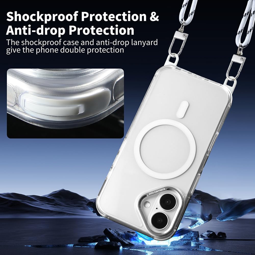 for iPhone 16 Case with 62.99 inch Lanyard, Classic Clear&White Magnetic Phone Case, Drop&Shockproof Protection Cases, Phone Lanyard for Around The Neck, Compatible with Magnet Accessory