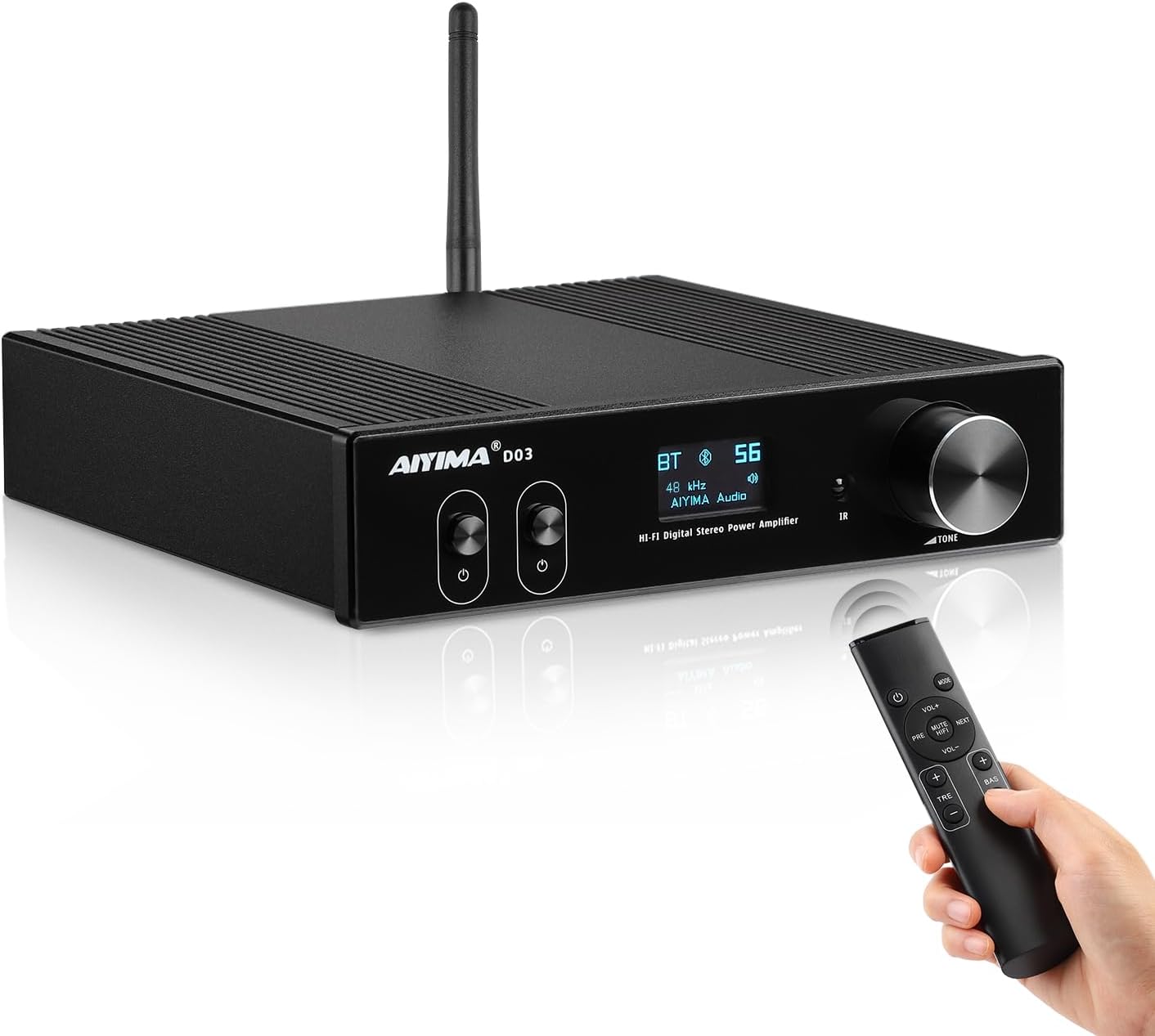 AIYIMA D03 Bluetooth 5.0 DAC Amplifier 150 Watt x 2 Stereo HiFi 2.1 CH Digital Sound Amplificador 24Bit/192kHz Class D Power Amp USB Coaxial Optical OLED AptX, Support Subwoofer & with Remote