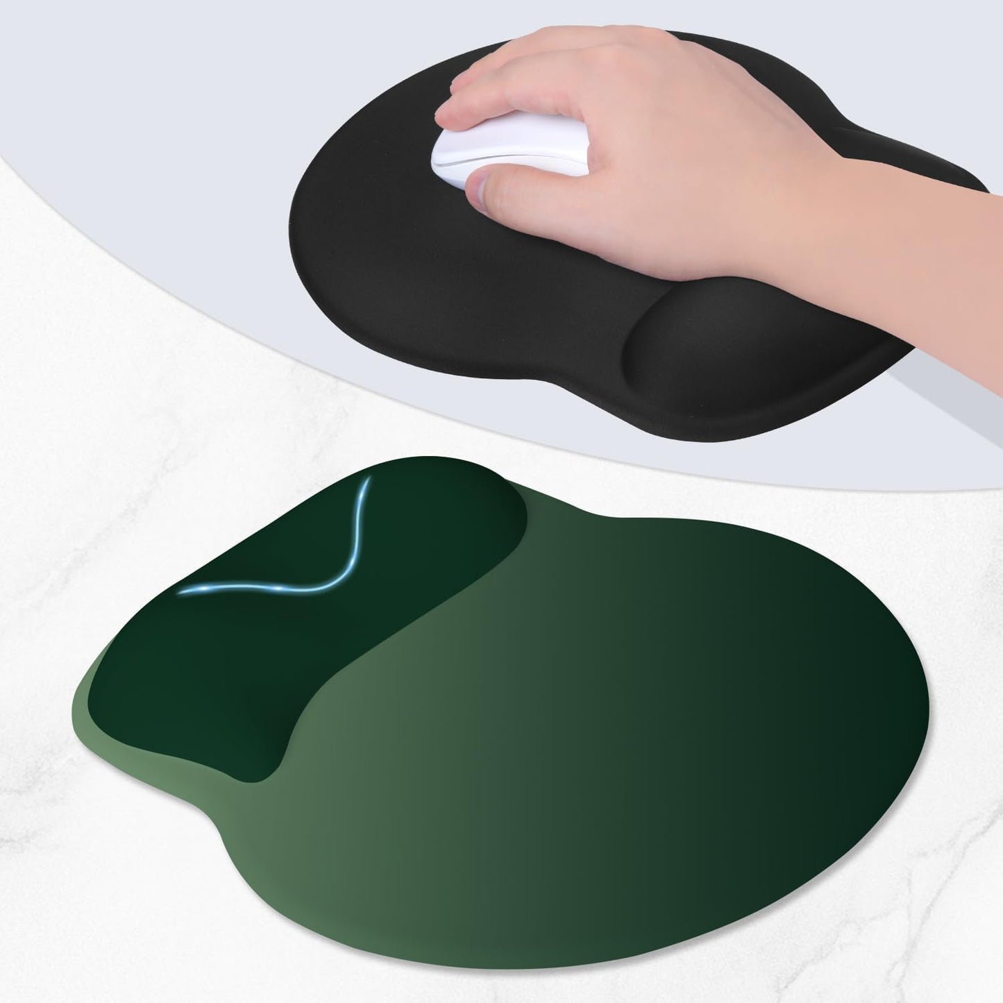 ITNRSIIET Ergonomic Mouse Pad with Wider Memory Foam Wrist Rest +17% - Curved Cushion Reduces Pressure 20%, Pain Relief, Non-Slip, Smooth, Cute Colors, 9.85 x 9 in, Deep Green Gradient