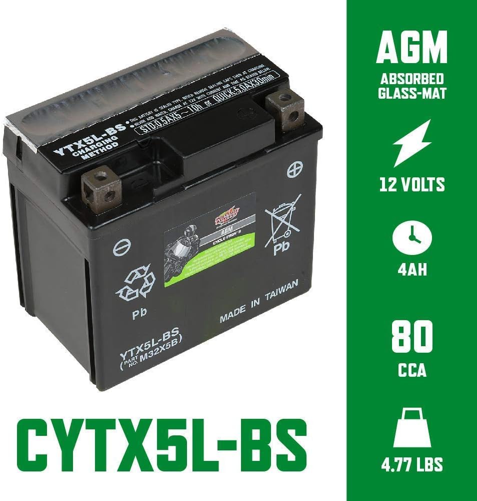 Interstate Batteries YTX5L-BS 12V 4Ah Powersports Battery 80CCA AGM Rechargeable Replacement for Kawasaki, Polaris, KTM Motorcycles, ATVs, Scooters, Bikes (CYTX5L-BS/CITX5L-BS)