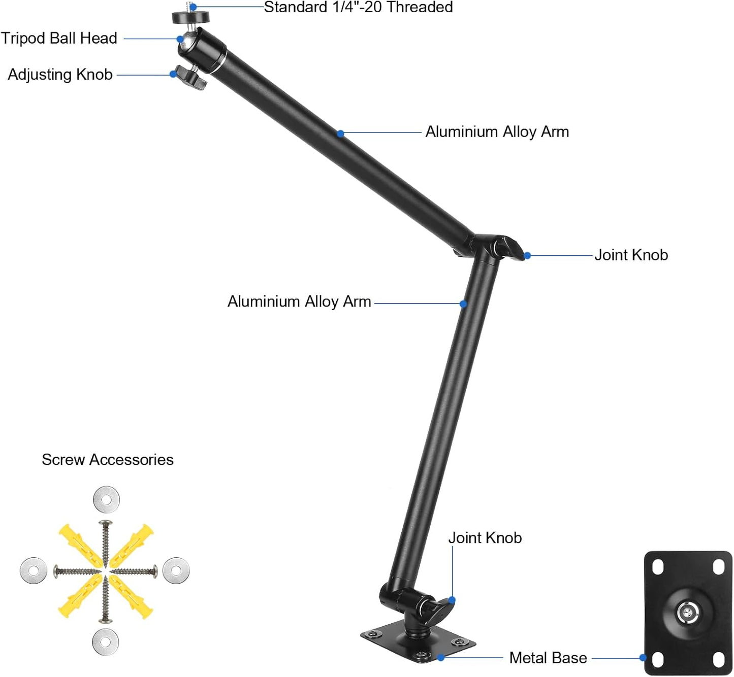 Articulating Camera Wall Moun with 1/4"-20 Threaded Compatible with DSLR/Security/Webcam/Action/LED Light/CCTV POV Camcorder Cameras,Adjustable Aluminium Alloy Arm Metal Base