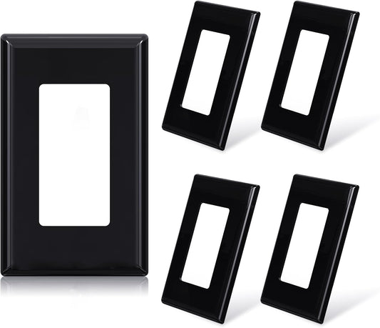 ELEGRP 1-Gang Screwless Decorative Wall Plates, Standard Size Unbreakable Thermoplastic Faceplate Cover for Decorator Receptacle Outlet Switch, UL Listed (5 Pack, Glossy Black)