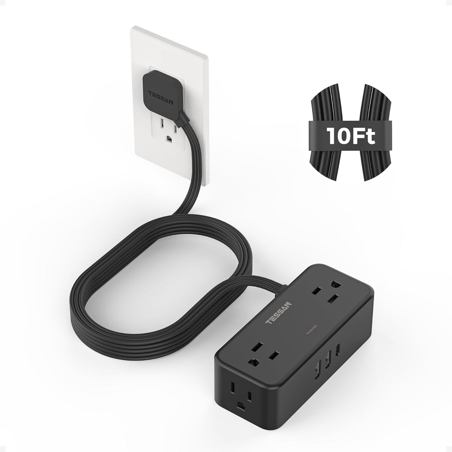 Black Extension Cord 10 Ft, TESSAN Power Strips with Surge Protection 900J with 4 Wide Spaced AC Outlets 3 USB Ports(1 USB C), Extension Cord with Multiple Outlets for Home Office Dorm Room
