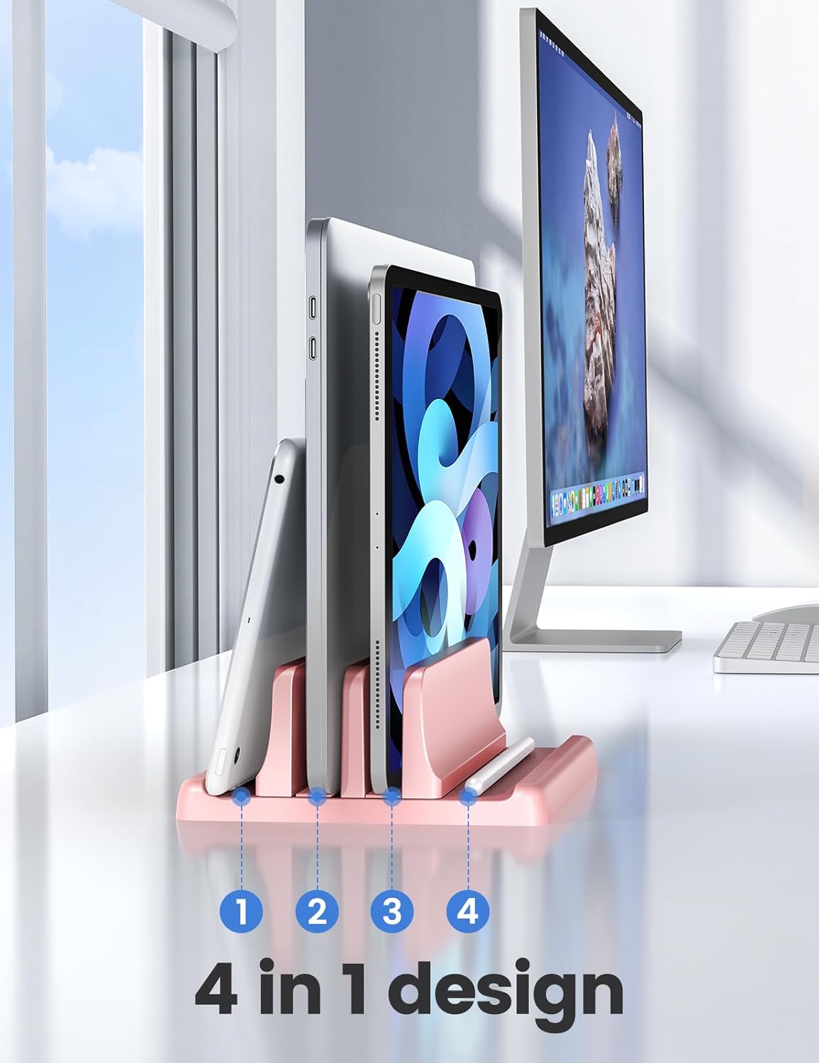 Vaydeer Vertical Laptop Stand for Desk, Dual Slots Plastic Laptop Holder with Space Saving 4-in-1 Design, Adjustable Laptop Stand Supports MacBook, Chromebook, Surface, Dell (Pink)