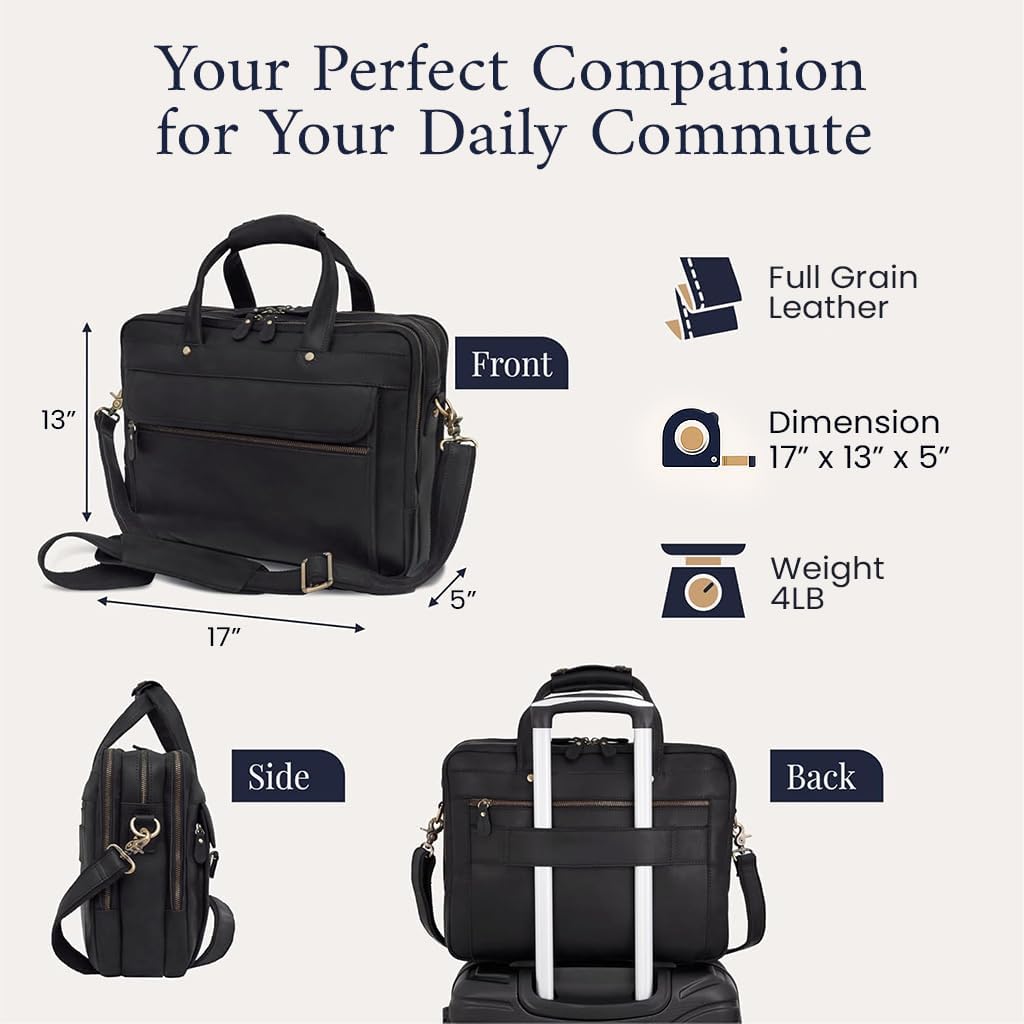 Luxorro Professional Leather Briefcase for Men with YKK Zippers – TSA-Friendly, Fits 17" Laptop, Handcrafted Full-Grain Leather, Ideal Executive Gift (Black)