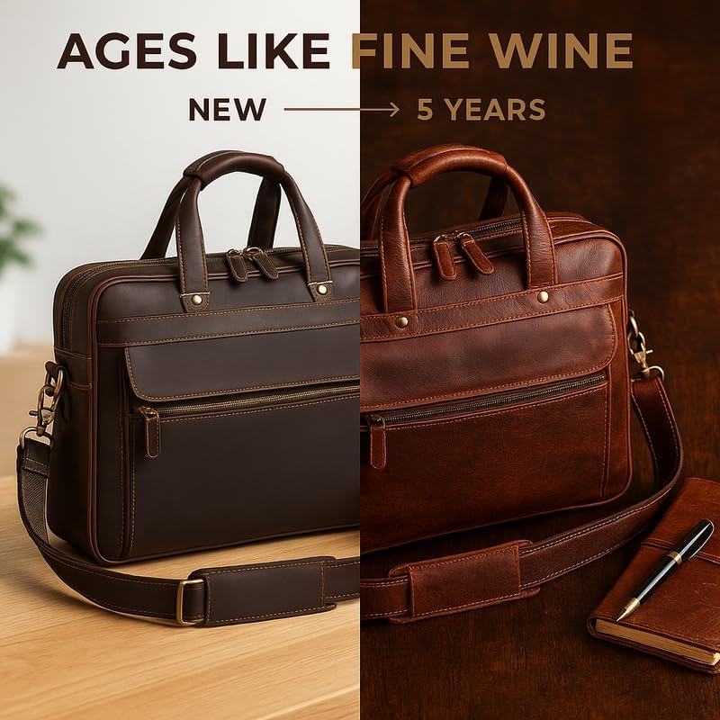 Luxorro Full Grain Leather Briefcase for Men, Top Choice Gifts, Handcrafted Laptop Bag with Multiple Compartments and Brass Hardware, Fits 15.6 Inch Laptop