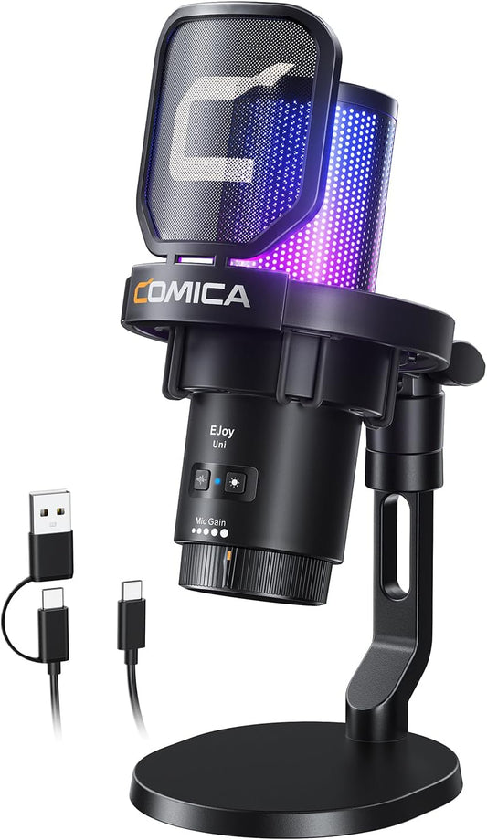 COMICA Ejoy Uni(D) USB Gaming Microphone with Noise Cancellation, RGB Lights, Monitoring, Muting, Streaming Mic for Computer, PS5, PS4, Streaming, Podcast, Chat, Twitch, YouTube, Discord