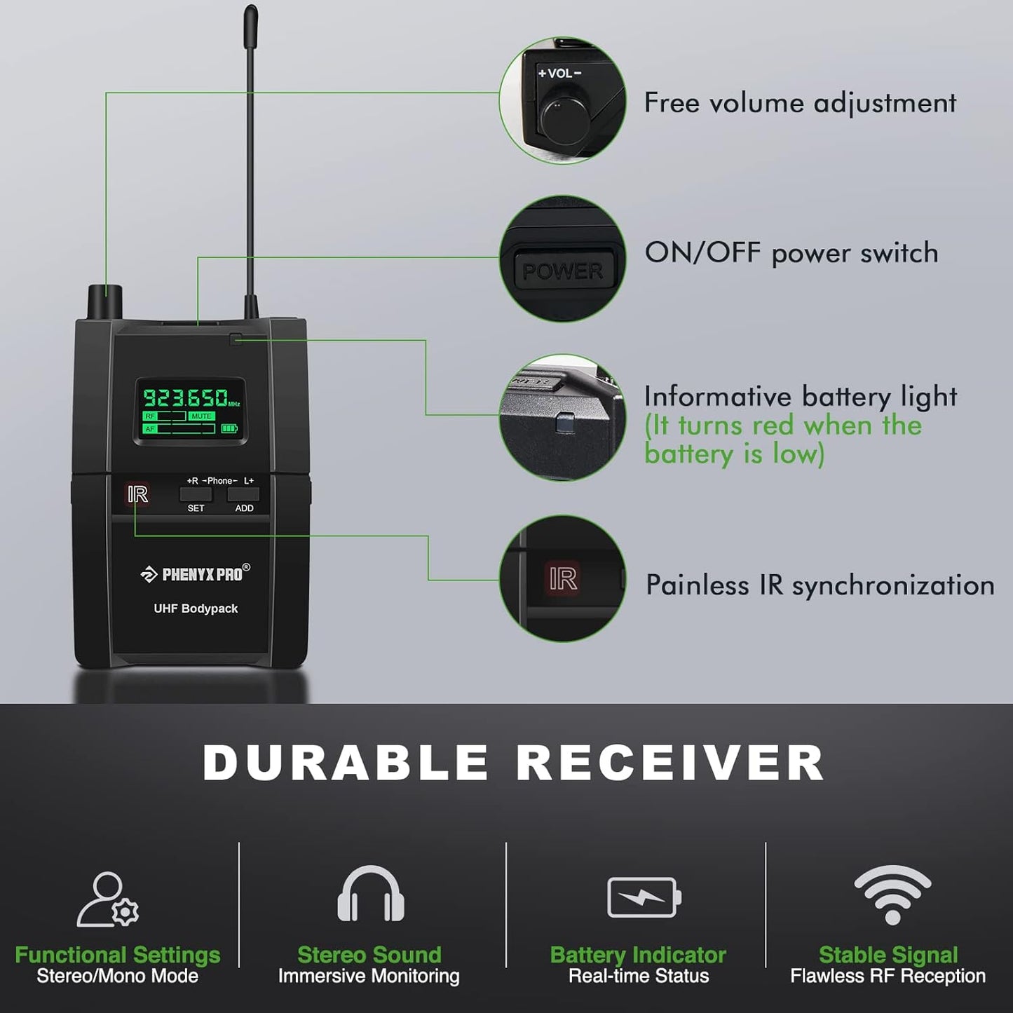 Phenyx Pro PTM-10 Stereo Wireless in Ear Monitor System Bodypack Receiver, Performance with 89 Adjustable Frequencies