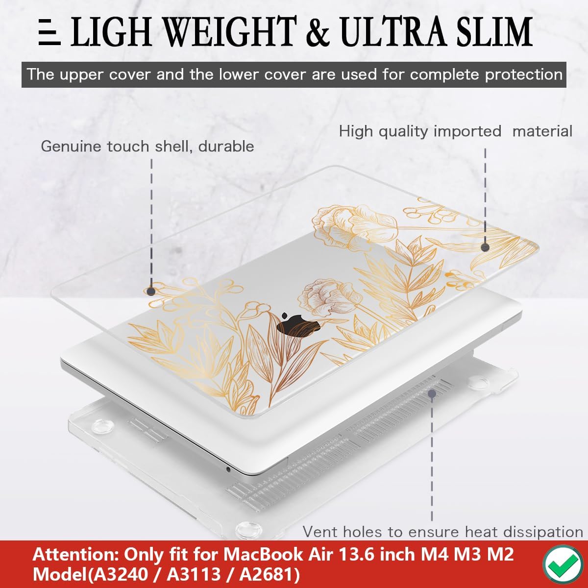 CISSOOK for MacBook Air 13.6 inch Case A3240 A2681 A3113 Release 2022 2023 2024 2025, Plastic Hard Shell Case Keyboard Cover for MacBook Air 13 inch M2 M3 M4, Gold Floral Blossom
