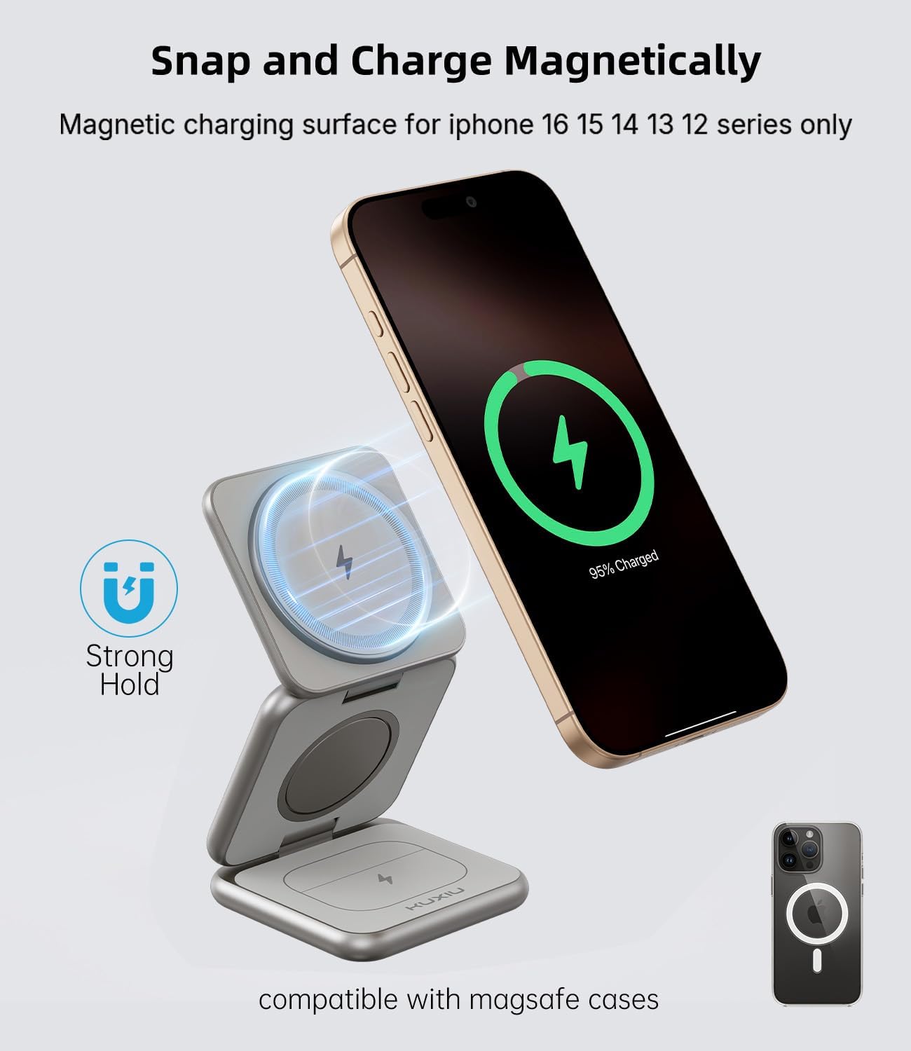 Foldable 3 in 1 Charging Station for Apple, X40 Aluminum Alloy Magnetic Wireless Charger, Portable Travel Charger for iPhone 16 15 14 13 12 Series, AirPods 3/2/Pro, iWatch-Titanium