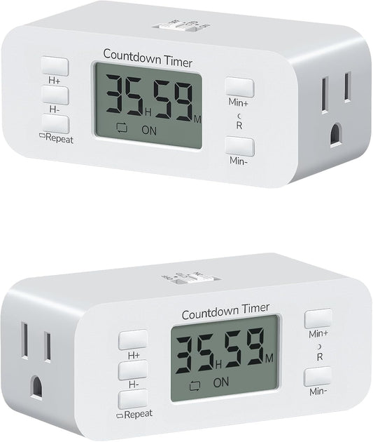 DEWENWILS 2 Pack Indoor Countdown Timer Outlet, Timers for Electrical Outlets Indoor, Large Screen and Repeat Function, Up to 36 Hours, Auto Shut Off for Fan, Lights, Charger, 125V 60Hz
