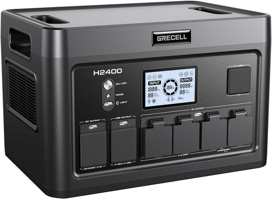 GRECELL Solar Generator 2400W Portable Power Station, 1843Wh UPS Backup LiFePO4 Battery Supply with 11 Outlets(4 2000W AC Outlets,2 PD100W), 2Hrs Quick Charge for Home Emergency RV Trip Van (H2400)