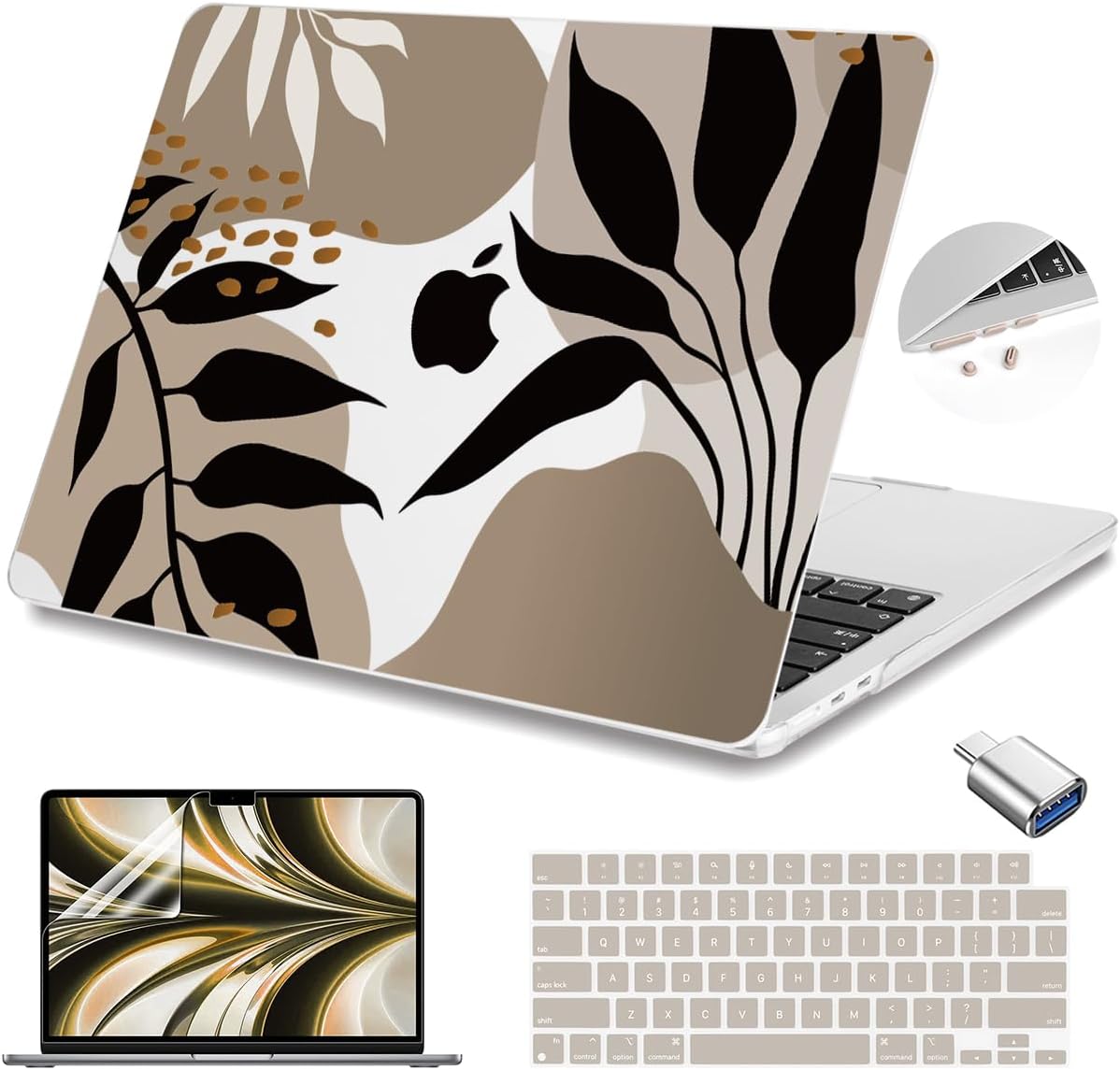 Teryeefi for MacBook Air 13.6 inch Case M2 M3 2022 2023 2024 A2681 A3113, Plastic Hard Shell with Screen Protector & Keyboard Cover & USB 3.0 Adapter for MacBook Air 13 inch, Abstract Tropical Leaves