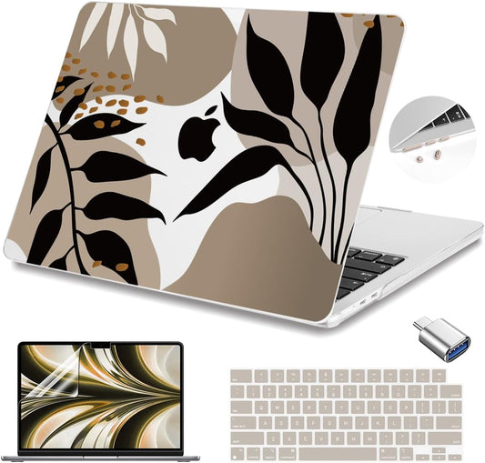 Teryeefi for MacBook Air 13.6 inch Case M2 M3 2022 2023 2024 A2681 A3113, Plastic Hard Shell with Screen Protector & Keyboard Cover & USB 3.0 Adapter for MacBook Air 13 inch, Abstract Tropical Leaves