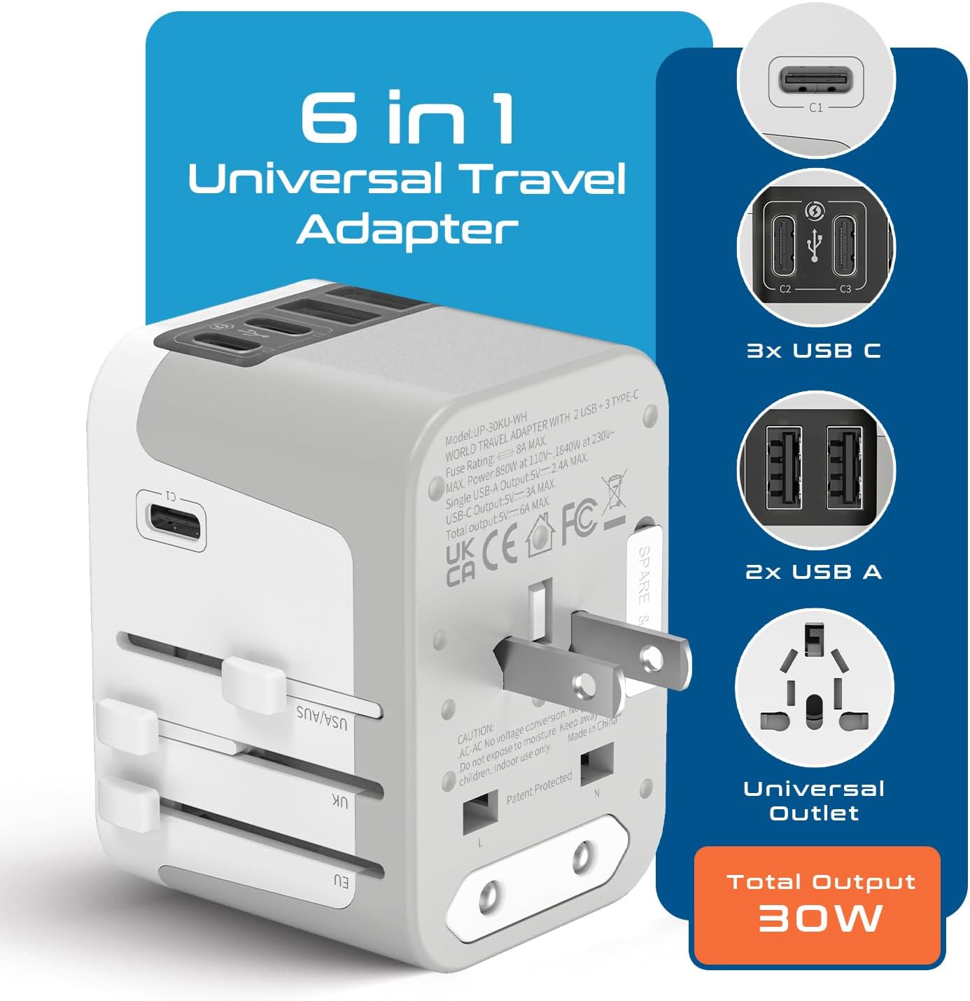Ceptics 6 in 1 Universal Travel Adapter, Universal Outlet w/ 2X USB-A and 3X USB-C 6A, Travel Power Adapter for use in EU, UK, US, AU and More, Universal Plug for Mobiles, Laptops- UP-30KU-WH