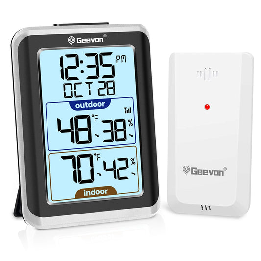 GEEVON Indoor Outdoor Thermometer Wireless Digital Hygrometer Temperature and Humidity Gauge with Time, 200ft/60m Range Temperature Humidity Sensor (Black)