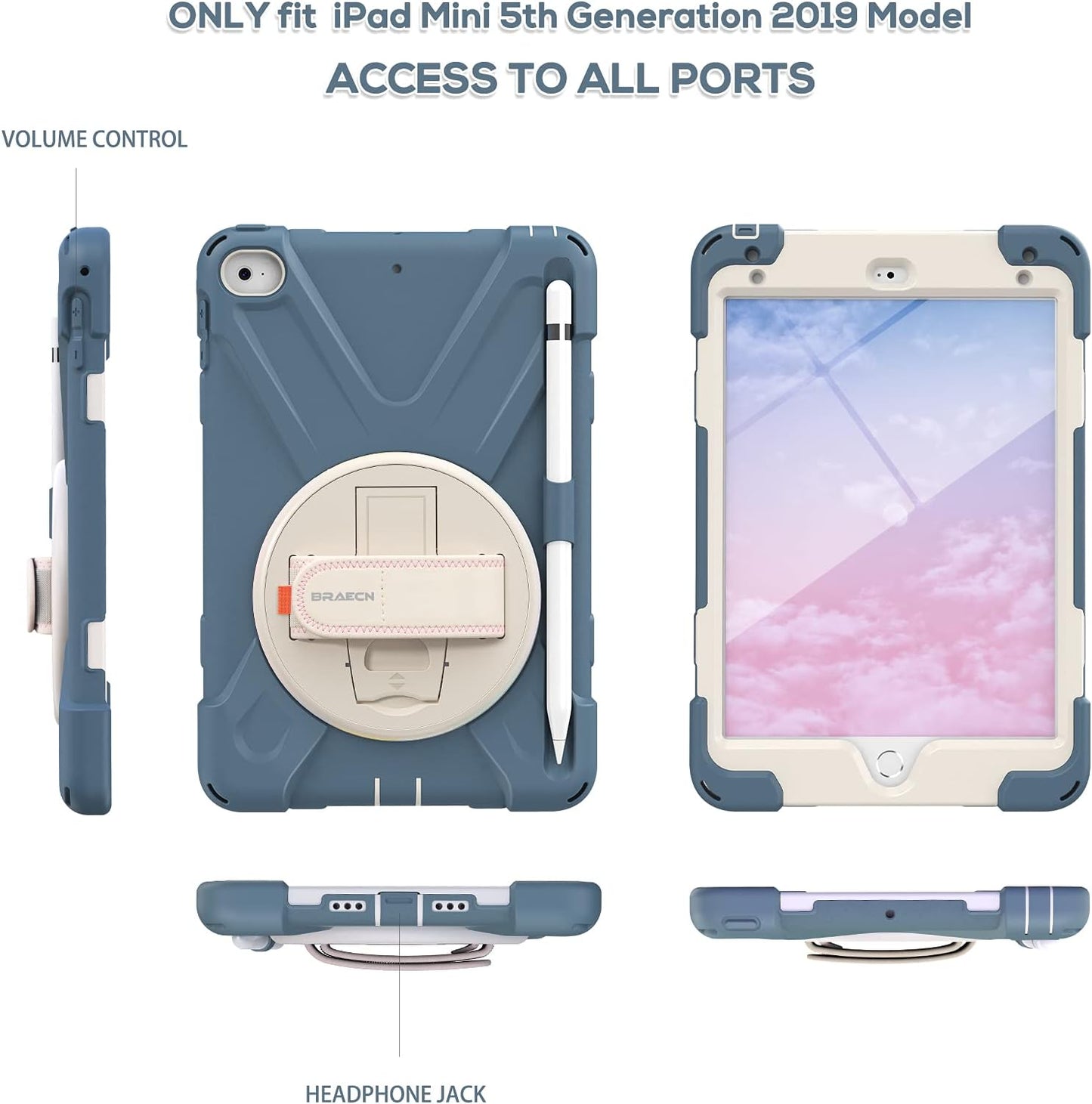 BRAECN iPad mini 5 Case,iPad mini 4 Case, Heavy Duty Shockproof Protective Rugged Case with Pencil Holder,Hand Strap,Kickstand, Shoulder Strap for iPad mini 5th/4th Generation 7.9 Inch for Kids