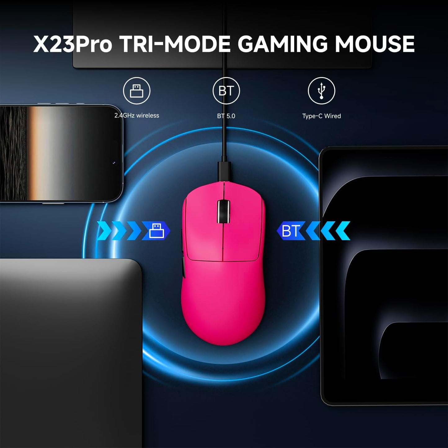 EWEADN X23Pro Wireless Gaming Mouse, 2.4G/BT5.0/USB-C Esports Gaming Mouse, 49g Lightweight Mouse Gaming, 12000 DPI Wireless Mouse with 6 Programmable Buttons,For Laptop/PC/Mac, Raspberry Pink