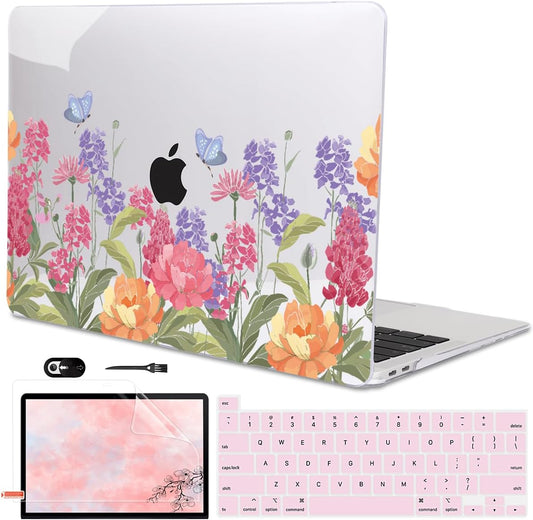 for MacBook Pro 13 Inch Case 2022 2021 2020 Release A2338 M2 M1 A2251 A2289, Plastic Hard Shell Case for MacBook Pro 13.3 inch with Touch Bar & Touch ID, Pink & Purple Flowers