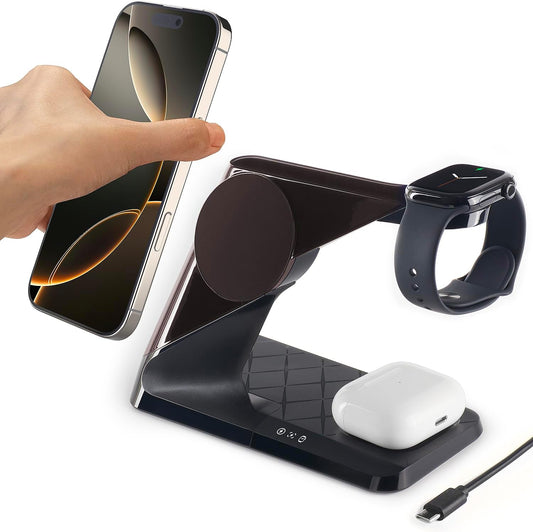 3 in 1 Charging Station for Apple Devices, Mag-Safe Charger Stand, Wireless Charger for iPhone 16/15/14/13/12 Series,& AirPods,& iWatch, Adapter Not Included