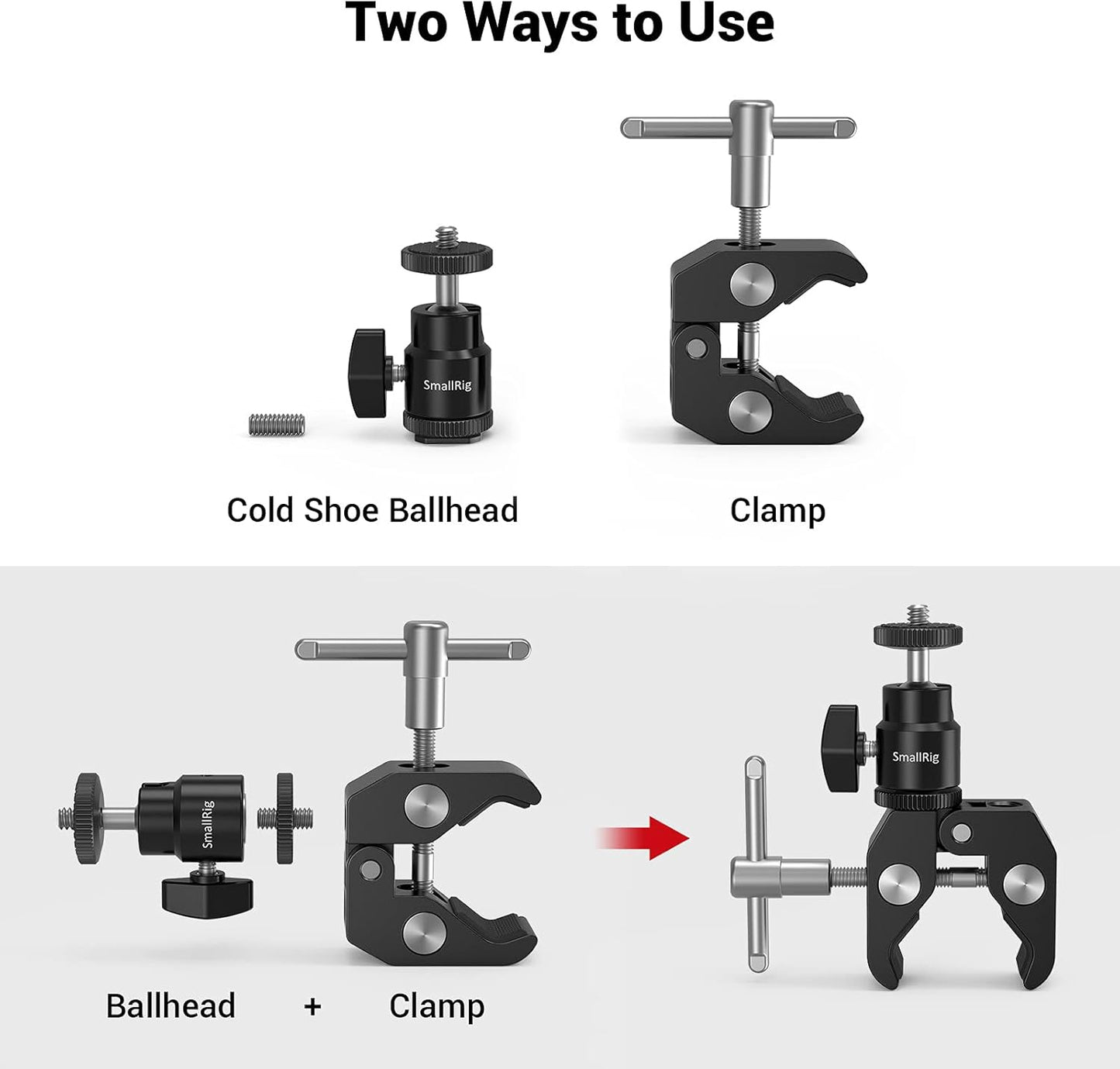 SmallRig Super Clamp Mount with Mini Ball Head Mount, Hot Shoe Adapter with 1/4 Screw for LCD Field Monitor, LED Lights, Flash, Microphone, for Gopro, for DJI Action 2, for Insta360