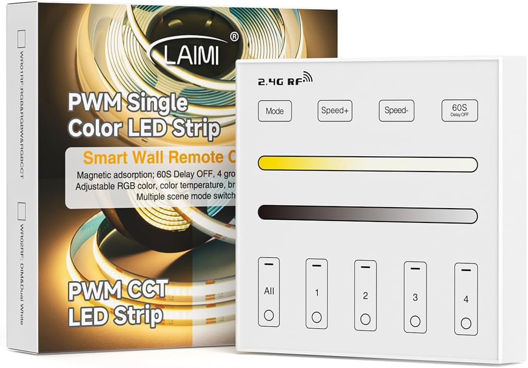 BTF-LIGHTING WR02RF Wireless 2.4G RF 4 Zones CCT Color Temperature LED Strip Wall Mounted Smart Panel Remote Powered by 2XAAA Batteries 3V Work with WB5 LM052 LM053 C02RF C02W C01RF C01W Controller