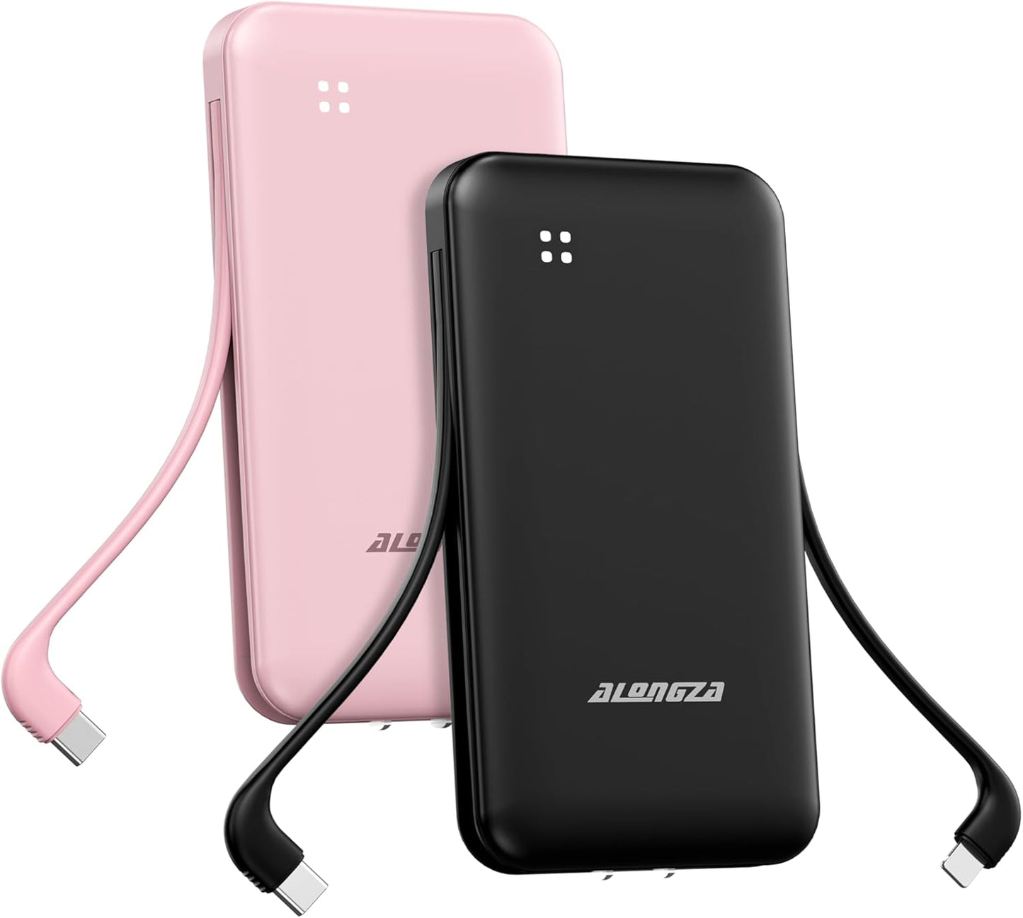 Alongza Portable Charger Built-in Cables and AC Wall Plug, Slim Fast Charging Power Bank 10000mAh, Lightweight USB C External Battery Pack Compact Travel Cell Phone Charger, 2 Pack Black & Pink