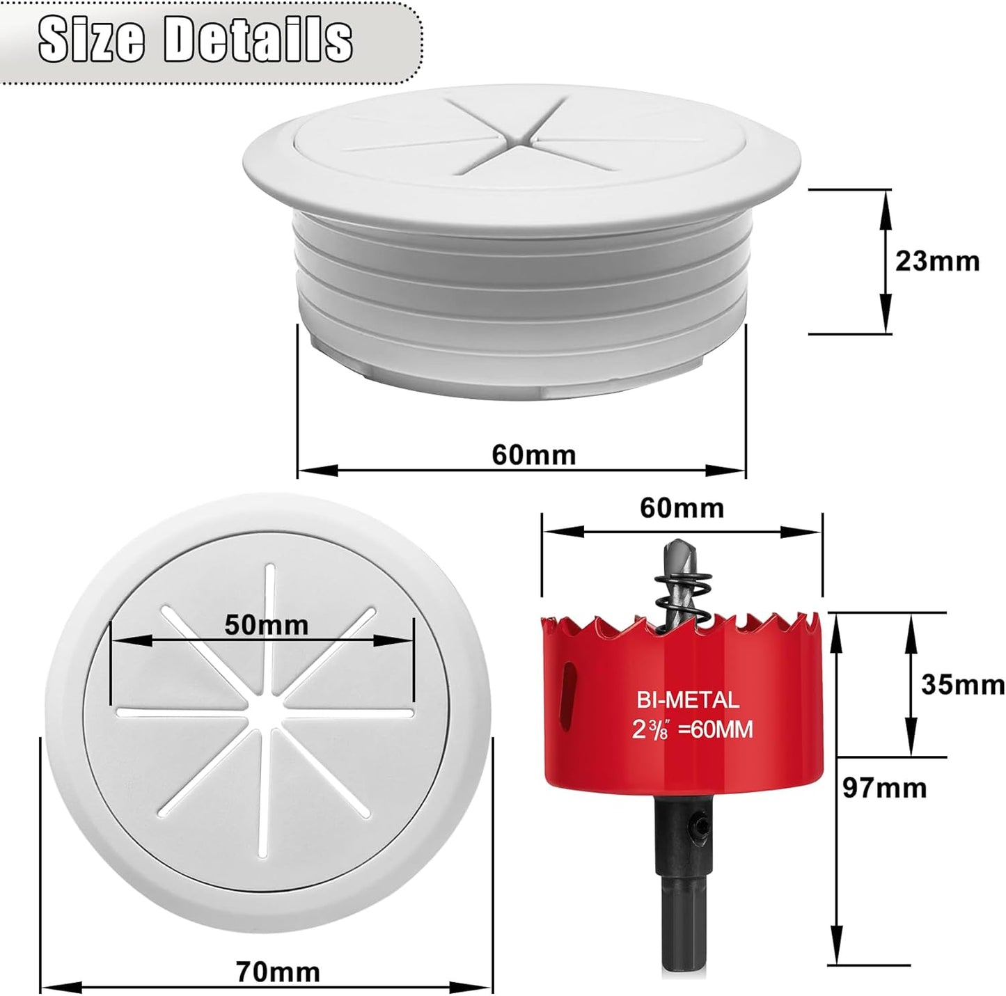 6Pack TV Cord Hider, 2-3/8"(60mm) in Wall Cable Management Kit,Cord Hider for Wall Mounted TV,Behind Wall TV Wire Kit Cable Hider,Includes 2 Pass Throughs and Hole Saw Drill Attachment(White)