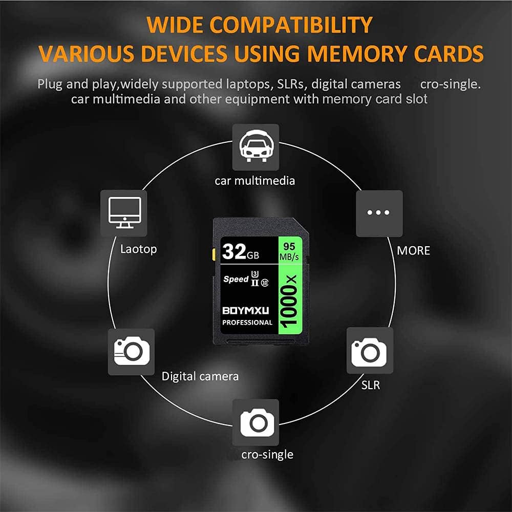 32GB Memory Card U3, BOYMXU Professional 1000 x Class 10 Card U3 Memory Card Compatible Computer Cameras and Camcorders, Camera Memory Card Up to 95MB/s, Green/Black