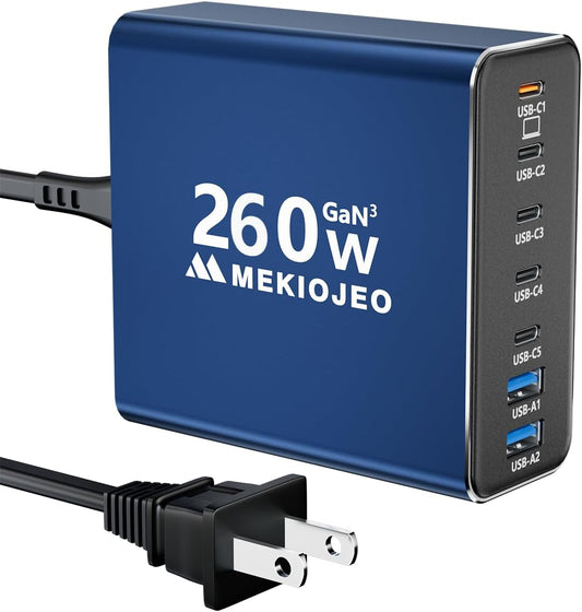 Aluminum Alloy USB C Charger 260W GaN Fast USB C Charging Station 7 Ports 65W Laptop Charger for MacBook Pro/Air/iPad Pro/iPhone (Blue)